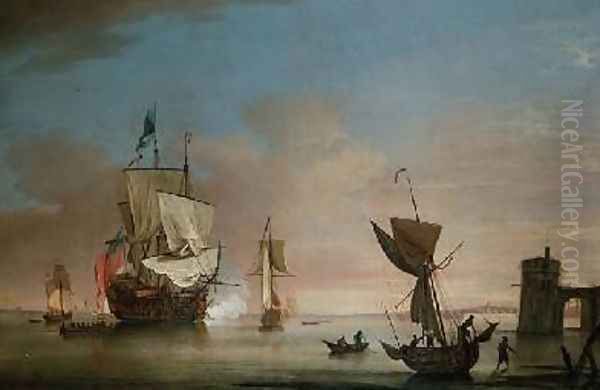 The Morning Gun two-decker man-o-war with other ships Oil Painting by Peter Monamy