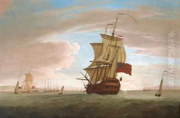 The flagship joining the fleet at its anchorage at sunset, probably the Medway Oil Painting by Peter Monamy