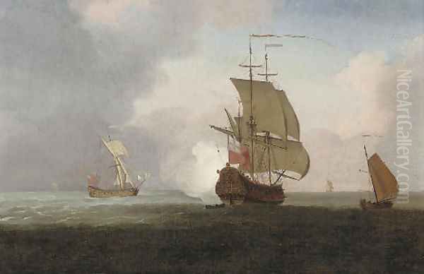 A two-decker announcing her arrival at the anchorage, with an Admiralty yacht running out to meet her Oil Painting by Peter Monamy