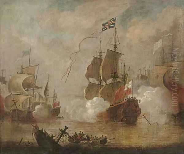 An English flagship in action during the Third Anglo-Dutch War, 1672-74 Oil Painting by Peter Monamy