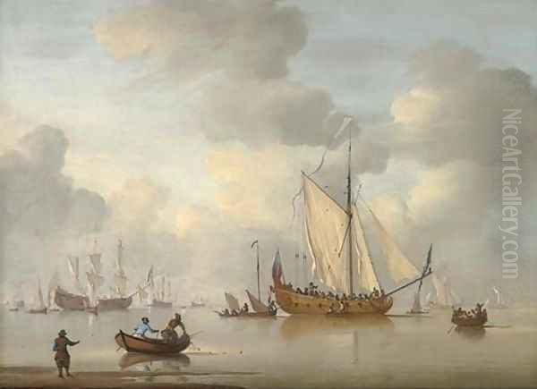 An English Royal Yacht standing offshore in a calm sea Oil Painting by Peter Monamy