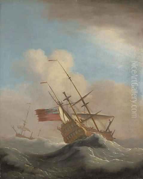 Man-o'-War in a swell, with another ship beyond Oil Painting by Peter Monamy