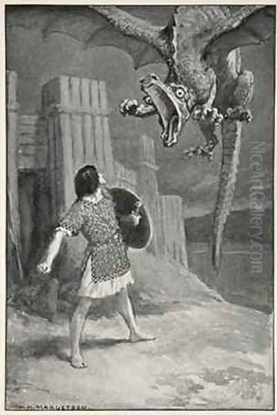 The dragon sank towards him opening its terrible jaws from Hero Myths and Legends of the British Race by MI Ebbutt 1910 Oil Painting by William Henry Margetson