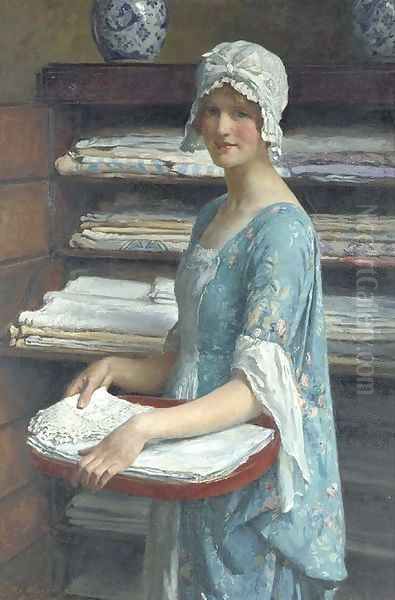 Her Dower A study of a girl arranging linen Oil Painting by William Henry Margetson