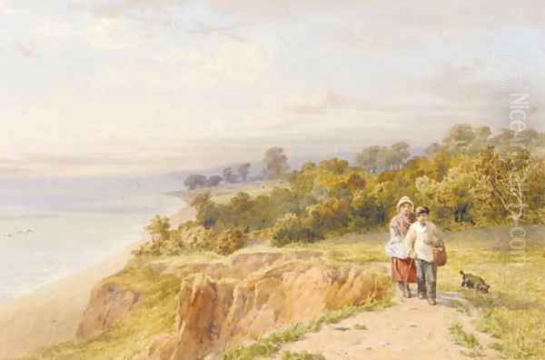 Two children with a dog, on a coastal path, Devon Oil Painting by John Henry Mole