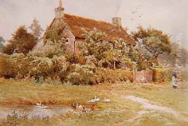 A Woman and Ducks near a Cottage in Summer Oil Painting by Elliot Henry Marten