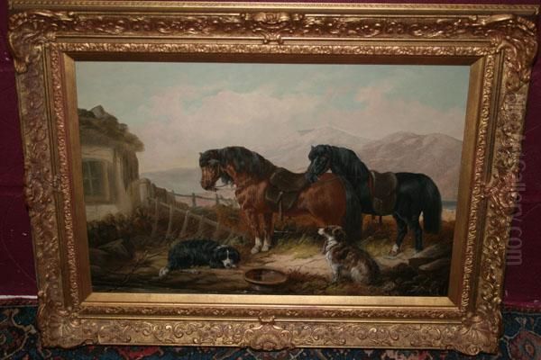 Two Ponies And Two Dogs Oil Painting by John Frederick Herring Snr