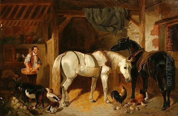 A Stable Interior With Horses, Chickens And A Goat Oil Painting by John Frederick Herring Snr