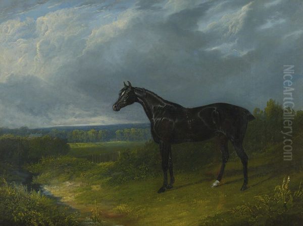 Black Hunter In A Landscape Oil Painting by John Frederick Herring Snr