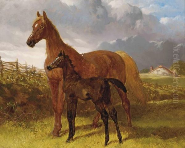 Snr A Chestnut Mare And A Foal In A Field Oil Painting by John Frederick Herring Snr