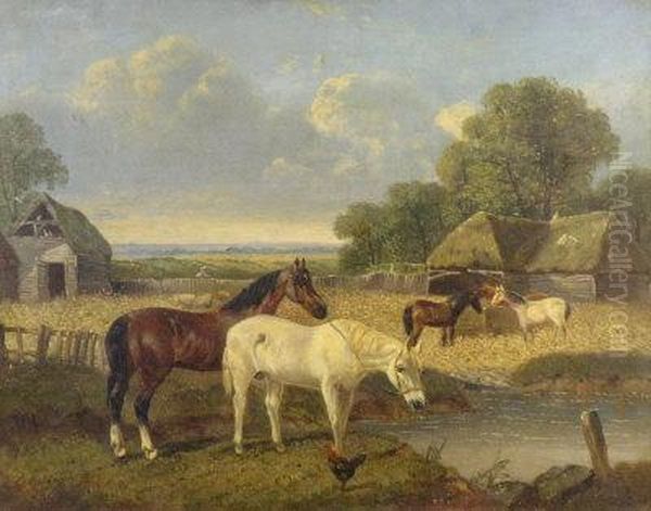 Horses In A Meadow Oil Painting by John Frederick Herring Snr