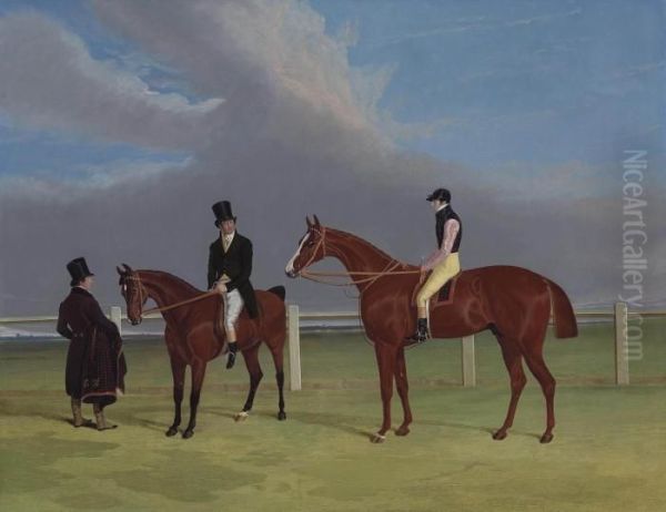 The Colonel With William Scott 
Up And John Scott On A Dark Bay Hack, With Groom, Doncaster Racecourse 
Beyond Oil Painting by John Frederick Herring Snr