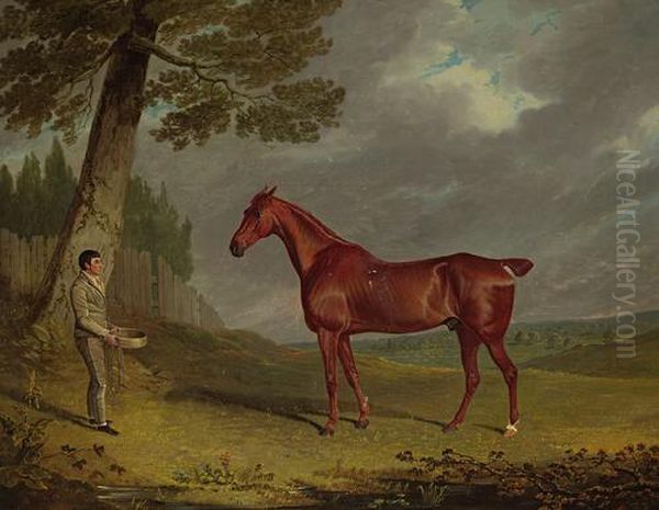 A Chesnut Hunter With A Groom In A Landscape Oil Painting by John Frederick Herring Snr