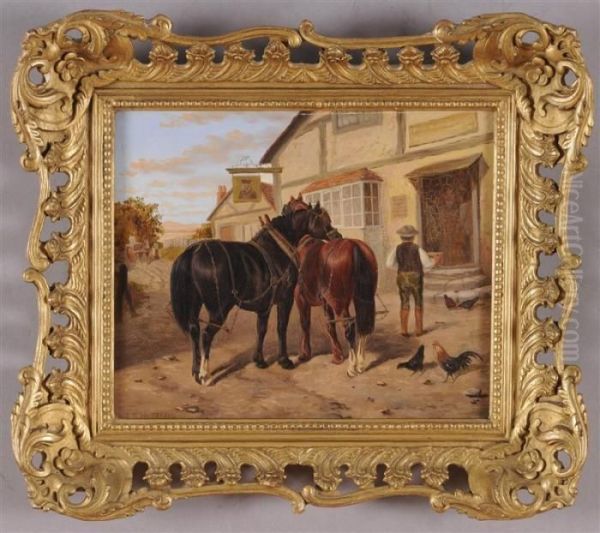 Plough Horses By The Pub Oil Painting by John Frederick Herring Snr