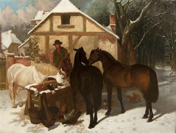 Horses In Winter Oil Painting by John Frederick Herring Snr