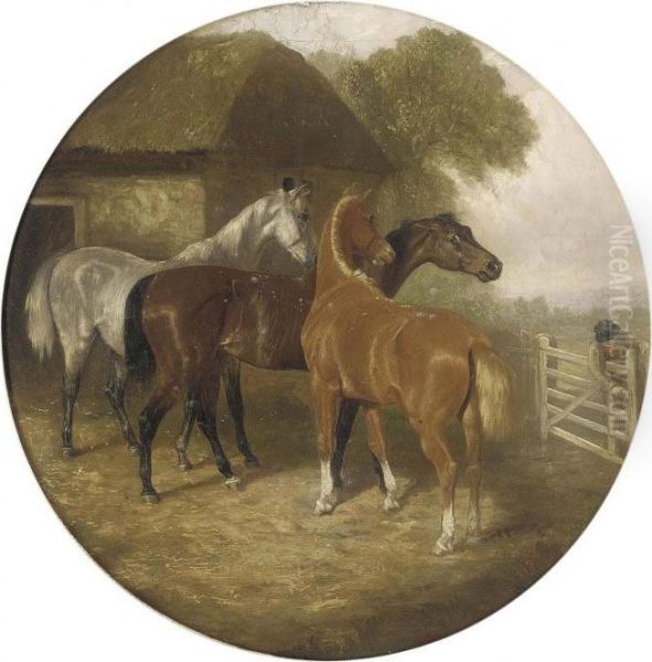 Three Hunters In A Yard Oil Painting by John Frederick Herring Snr