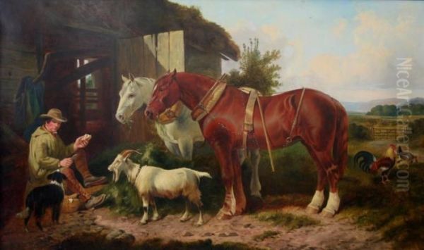 In The Farmyard: The Midday Meal Oil Painting by John Frederick Herring Snr