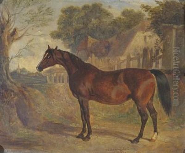 Bay Horse In A Village Landscape Oil Painting by John Frederick Herring Snr