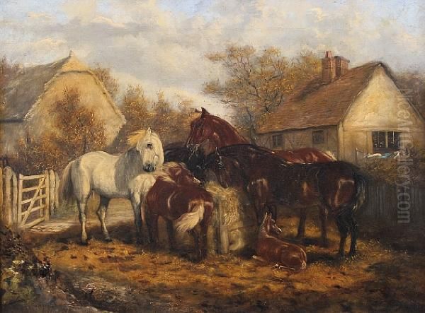 Horses In A Paddock Oil Painting by John Frederick Herring Snr