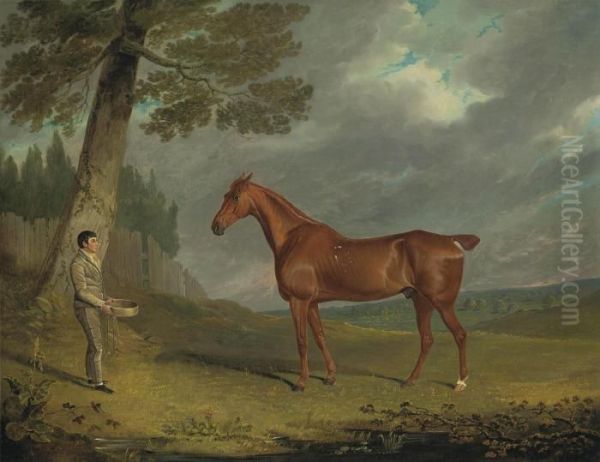 A Chestnut Hunter And A Groom In A Wooded Landscape Oil Painting by John Frederick Herring Snr