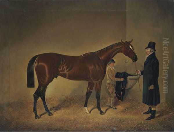 The Famed Racehorse, Sir Tatton Sykes, With His Owner And A Groomin A Loosebox Oil Painting by John Frederick Herring Snr