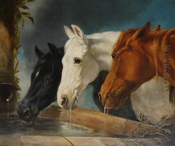 Horses Watering At A Trough Oil Painting by John Frederick Herring Snr