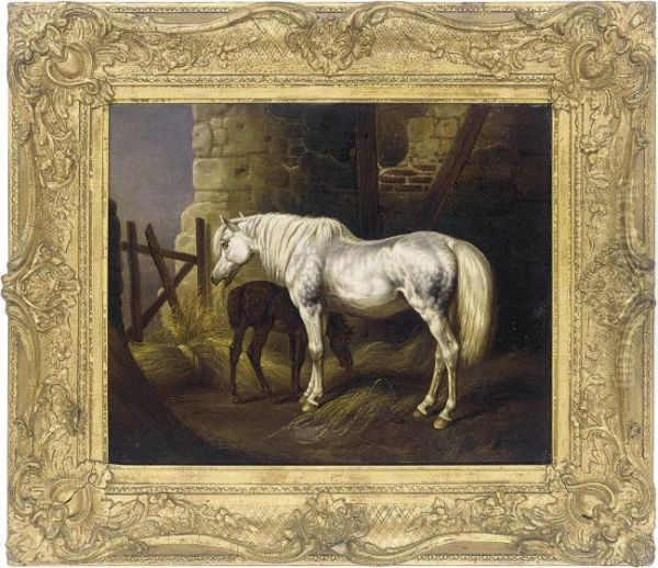 A Grey Mare And Her Foal In A Stable Oil Painting by John Frederick Herring Snr