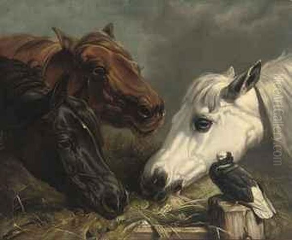 Three Horses At A Manger Oil Painting by John Frederick Herring Snr