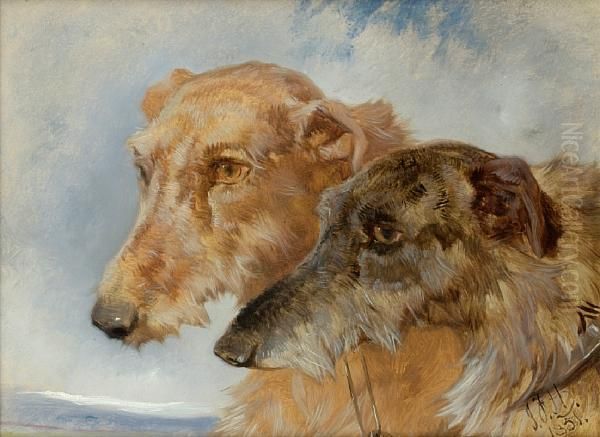 Coupled Deerhounds; Coupled Foxhounds Oil Painting by John Frederick Herring Snr