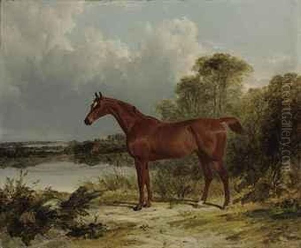 Sir William Earle's Chestnut Hunter In A Landscape Oil Painting by John Frederick Herring Snr