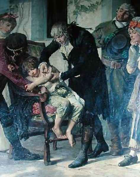 Edward Jenner 1749-1823 performing the first vaccination against smallpox in 1796 1879 Oil Painting by Gaston-Theodore Melingue