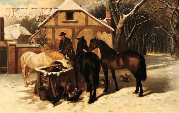 Horses At A Village Watering Trough, Winter Oil Painting by John Frederick Herring Snr