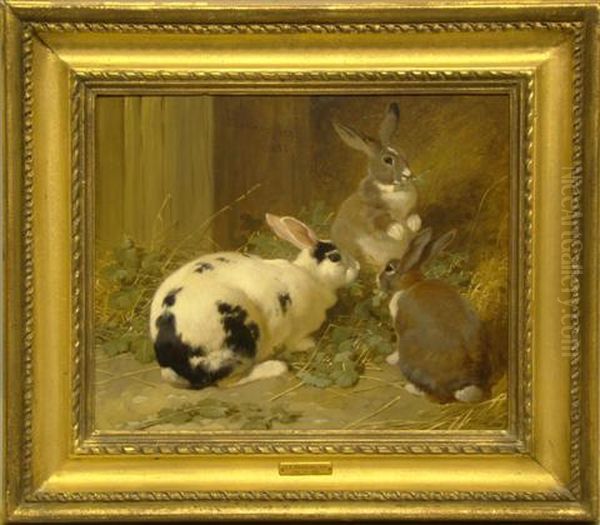 Rabbits Feeding Oil Painting by John Frederick Herring Snr