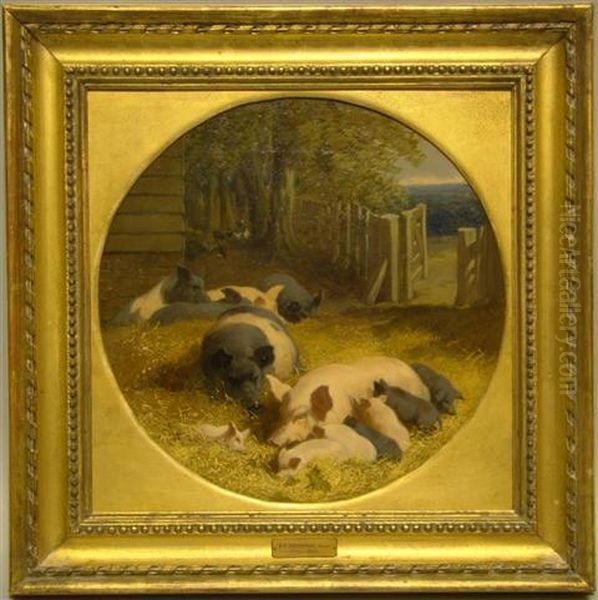 Happiness- Pigs With Their Litter In A Farmyard Oil Painting by John Frederick Herring Snr