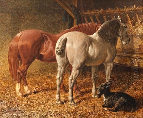 A Chestnut Cob, A Grey Cob And A Goat In Astable Interior Oil Painting by John Frederick Herring Snr