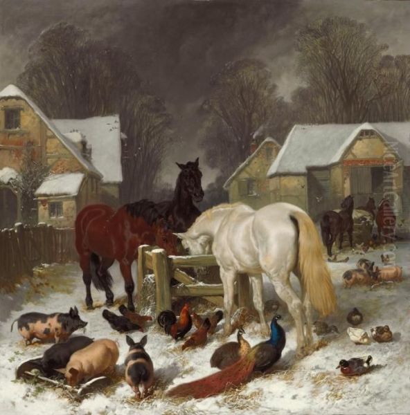 A Barnyard In The Snow Oil Painting by John Frederick Herring Snr