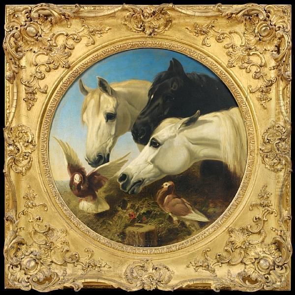 Horses And Doves At A Trough Oil Painting by John Frederick Herring Snr