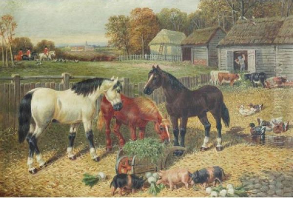 A Farmyard With The Hunt Beyond Oil Painting by John Frederick Herring Snr