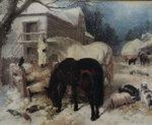 Farmyard Scene With Horses, Pigs And Ducks Oil Painting by John Frederick Herring Snr