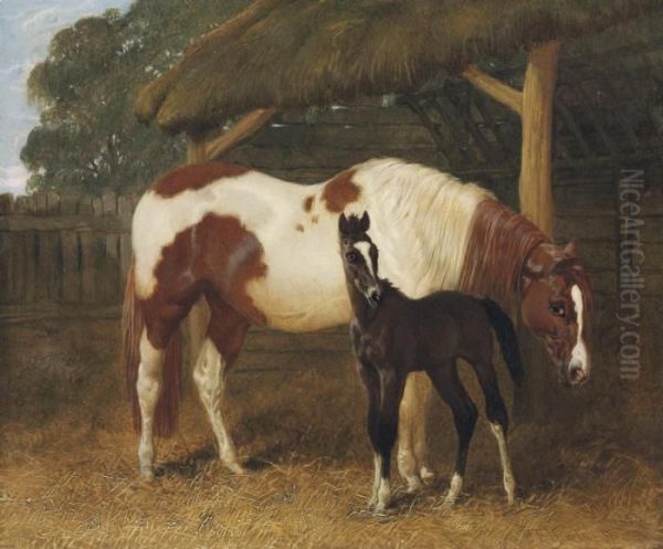 Mare And Foal By A Barn Oil Painting by John Frederick Herring Snr