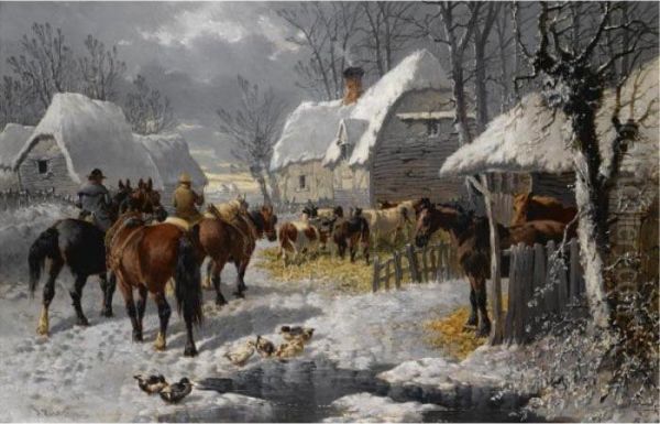 A Farmyard In The Snow Oil Painting by John Frederick Herring Snr