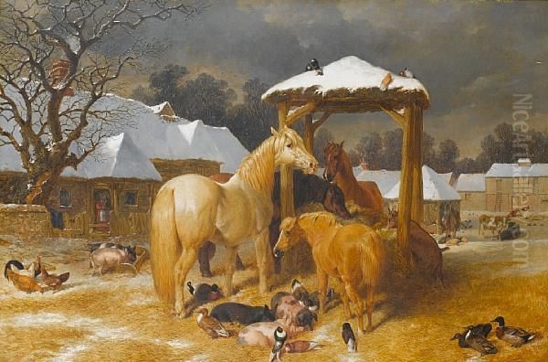 A Stable Yard In Winter Oil Painting by John Frederick Herring Snr