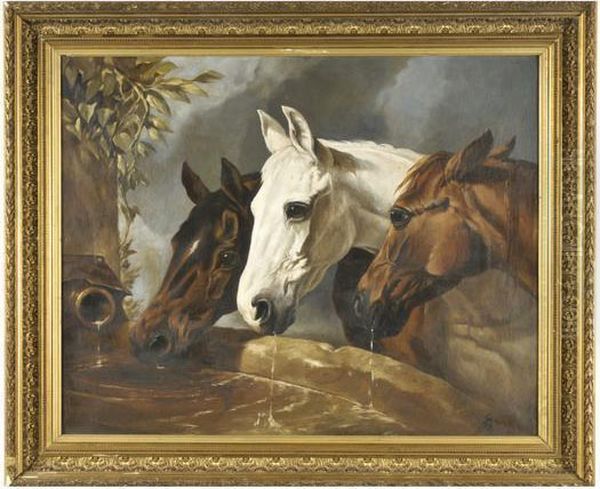 Trois Chevaux A L Abreuvoir Oil Painting by John Frederick Herring Snr