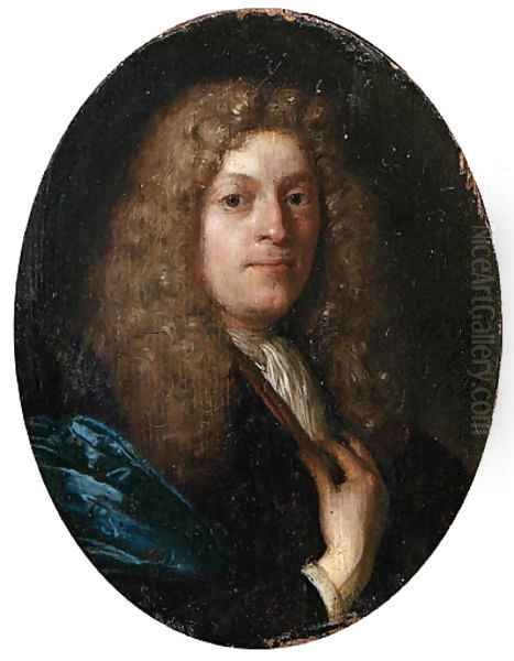 Portrait of a gentleman, aged 36, small bust-length, in a blue gown, with a full-bottomed wig Oil Painting by Carel de Moor