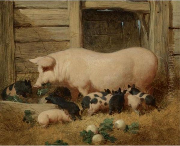 A Sow And Her Litter Oil Painting by John Frederick Herring Snr