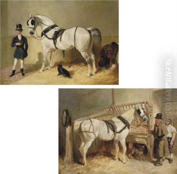 A St James's Saddled Grey Coach 
Horse With A Coachman And Dog; Anda Harnessed St Giles Cab Horse With 
His Driver Oil Painting by John Frederick Herring Snr