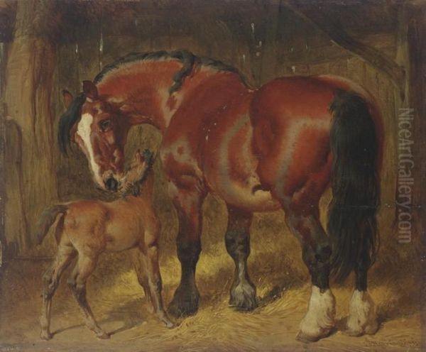 A Mare With Her Foal In A Stable Oil Painting by John Frederick Herring Snr