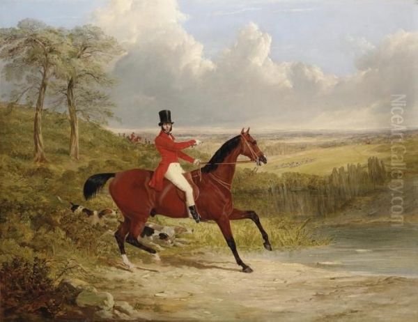 A Gentleman On A Bay Hunter, In An Extensive Landscape, A Stag Huntin Progress Beyond Oil Painting by John Frederick Herring Snr