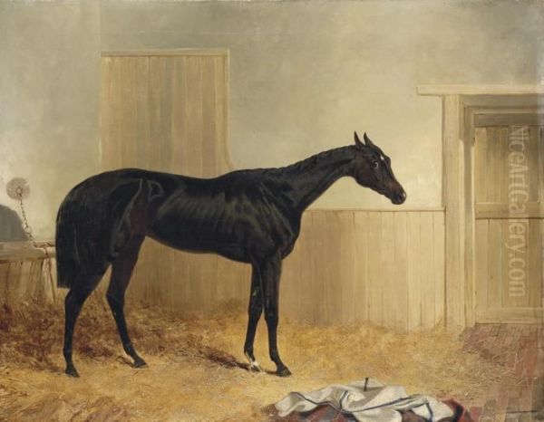 Mendicant, Winner Of The 1846 Oaks, In A Stable Oil Painting by John Frederick Herring Snr