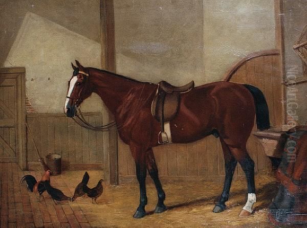 A Chestnut Hunter In A Stable Oil Painting by John Frederick Herring Snr